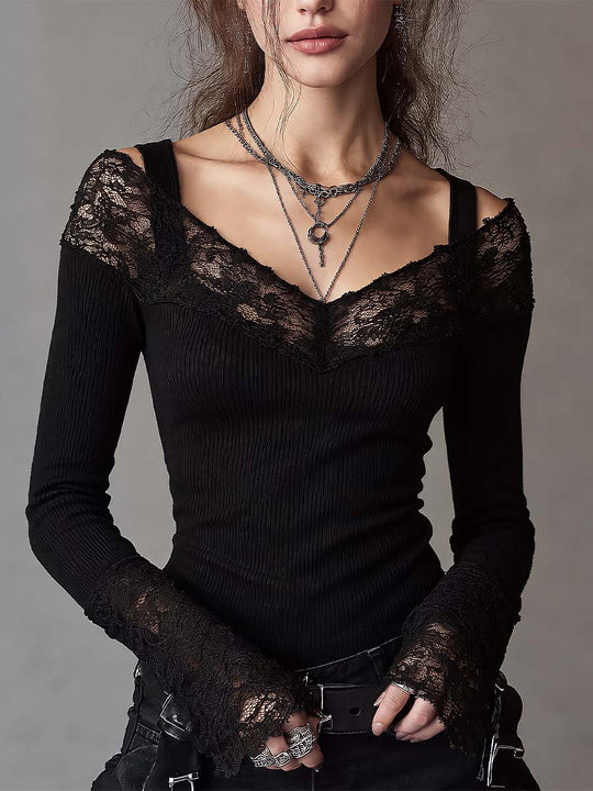 Gothic Lace Trim Cold Shoulder Long Sleeve Top with Fingerless Glove Cuffs