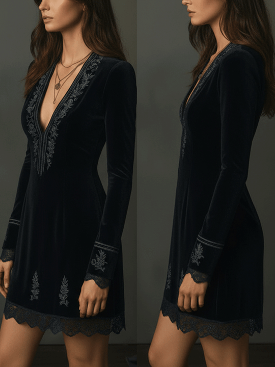 Retro Black Velvet Embroidered Lace Trim Mini Dress