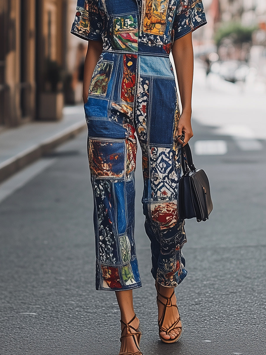 Fashion Creative Patchwork Denim Jumpsuit