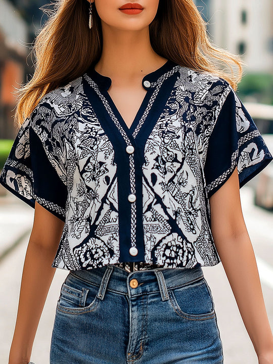 Boho Print Single-breasted Short Sleeves Chiffon Shirt