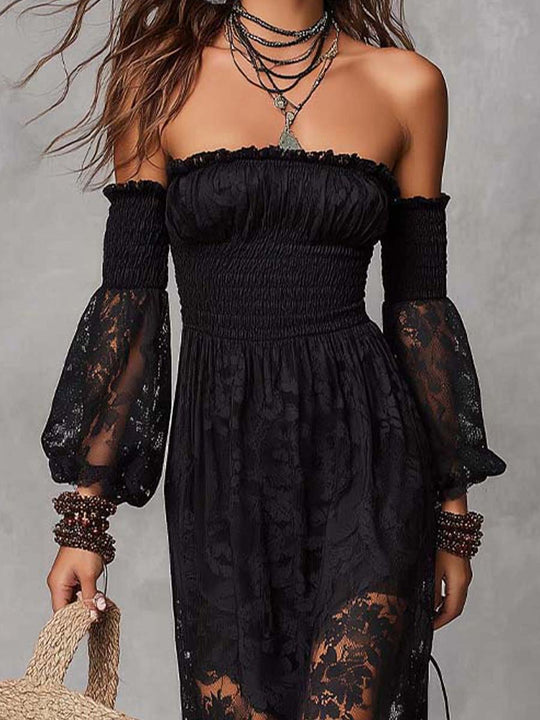 Black Smocked Off-Shoulder Lace Maxi Dress