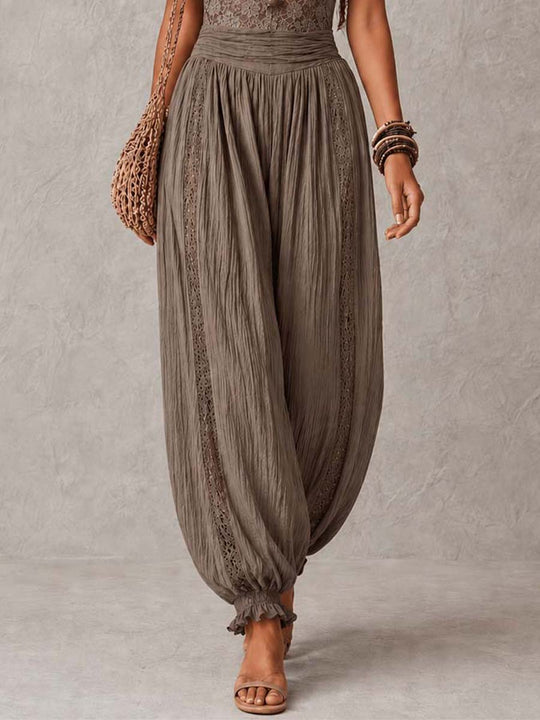 Bohemian Taupe Lace Bustier And Crinkle Cotton Harem Pants Set