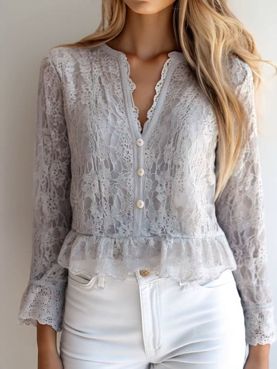 Stylish V-neck Button Down Long Sleeve Lace Shirt