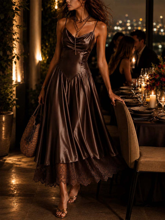 Elegant Draped Cowl Neck Satin Spaghetti Strap Midi Dress With Lace Hem Underlayer