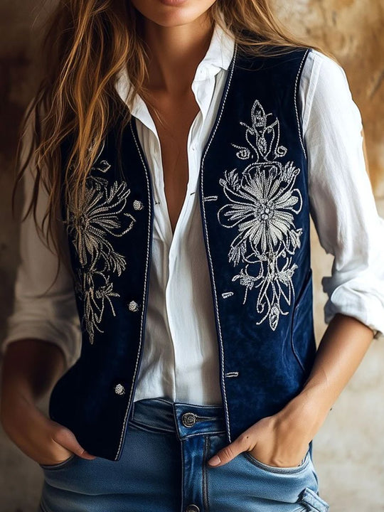 Retro Silver Embroidery Side Pockets Suede Waistcoat