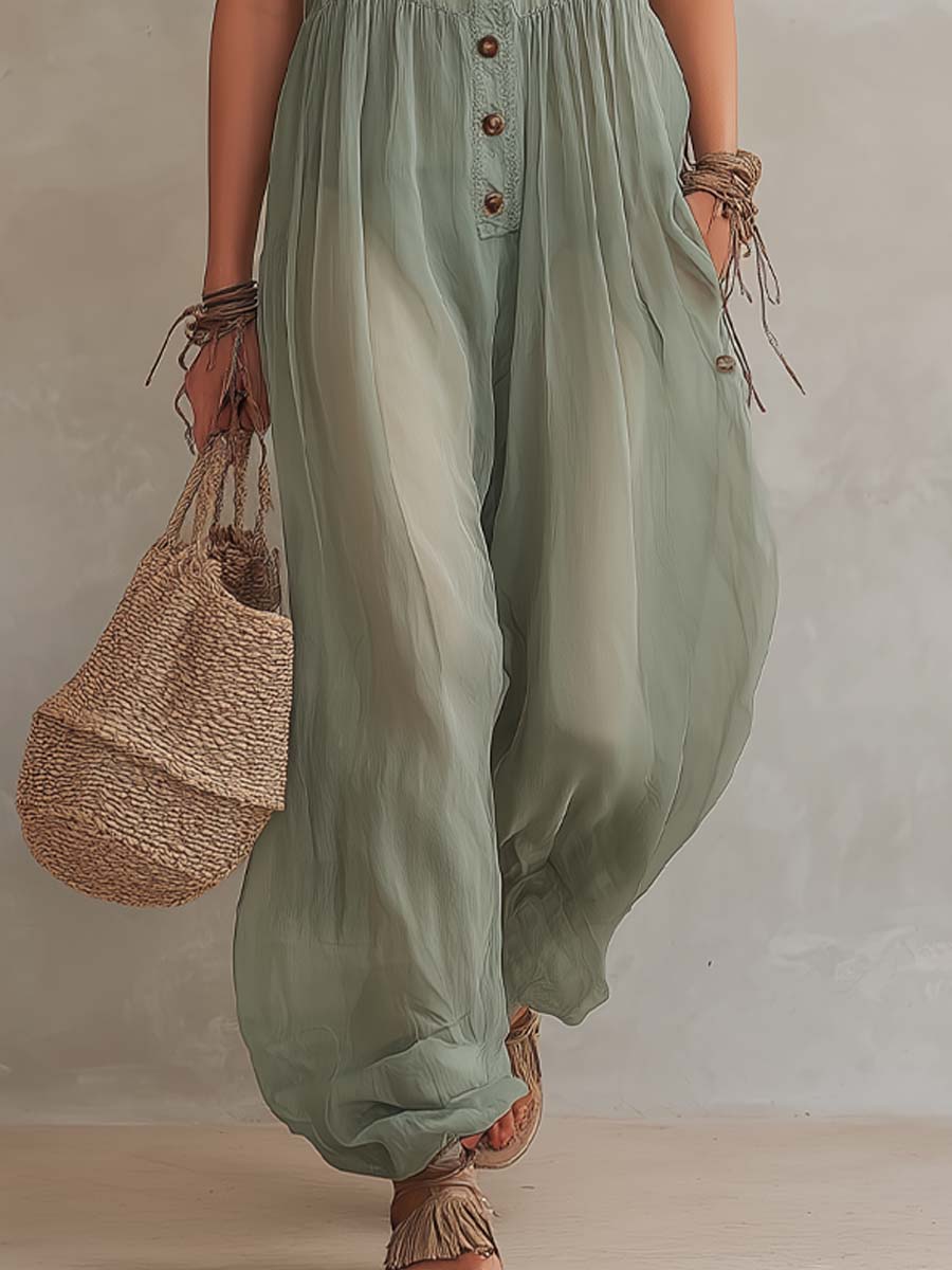 Retro-style Buttoned Chiffon Wide-leg Jumpsuit