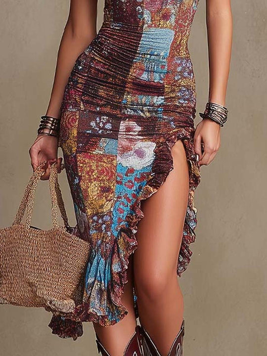 Boho-Chic Floral Ruffle Midi Dress