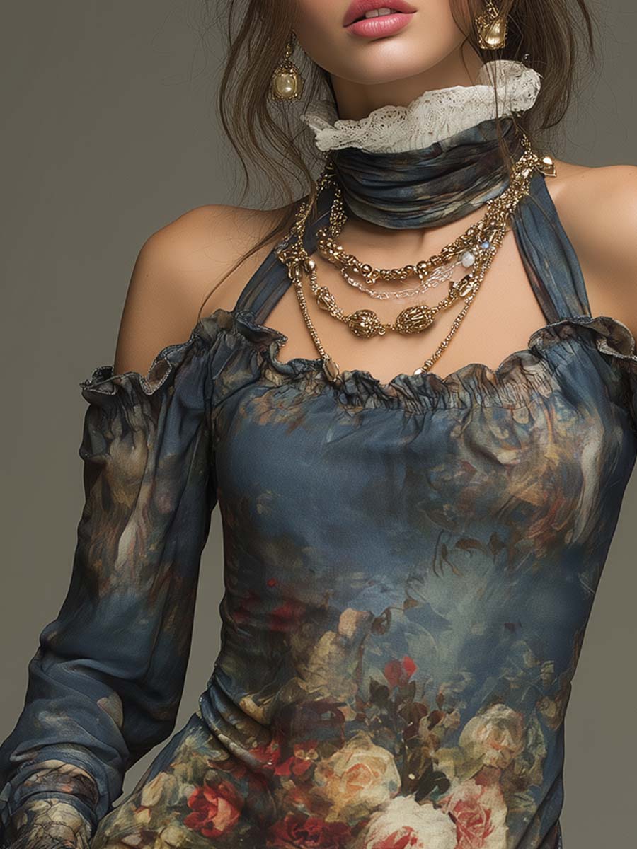 Retro Cold-shoulder Oil Painting Style Blouse