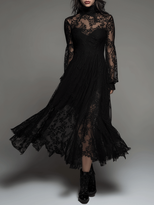 Gothic Elegance Black Victorian Lace Maxi Dress