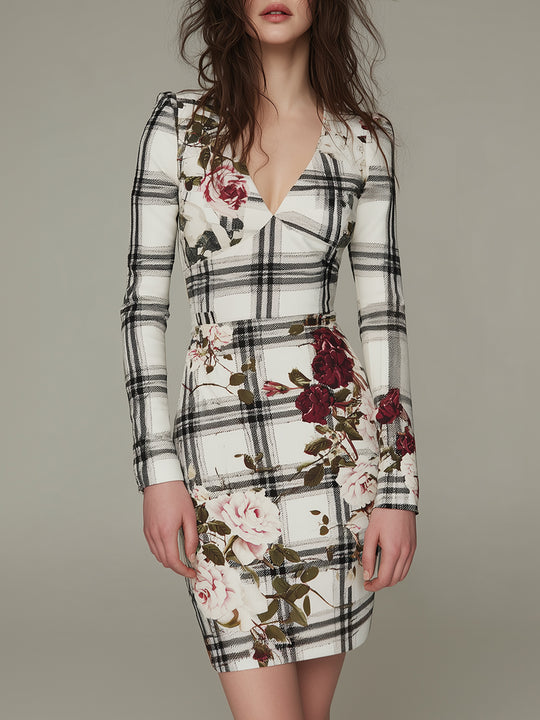Elegant Checkered Rose Print Slim-fit Mini Dress