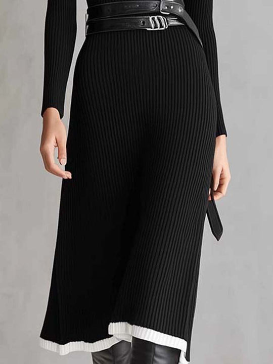 Black Contrast-Trim Ribbed Half-Zip Midi Dress
