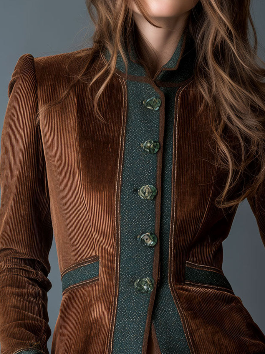 Vintage Brown Corduroy Fitted Jacket With Contrast Trim