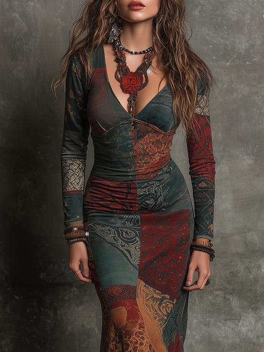 Bohemian Ethnic Print Cotton Blend Slim Fit Fishtail Maxi Dress