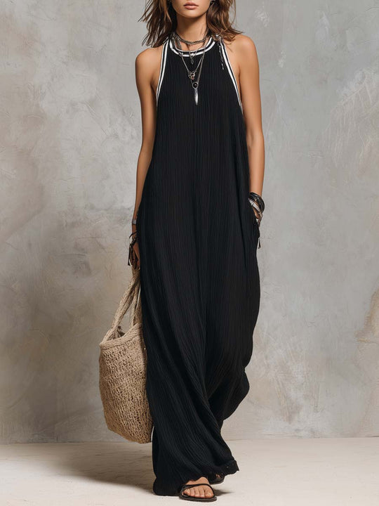 Retro Contrast Trim Pleated Maxi Dress
