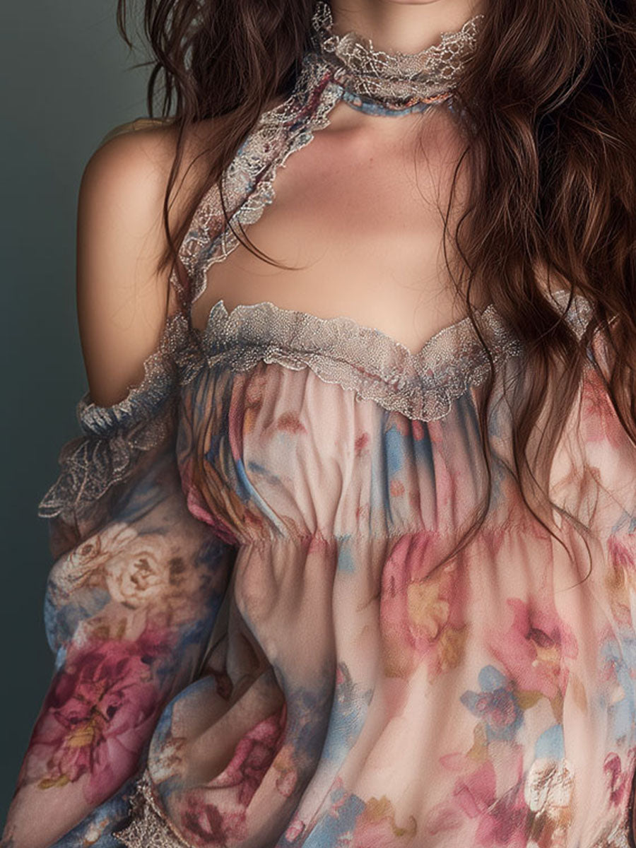 Romantic Off Shoulder Floral Chiffon Blouse With Lace Trim