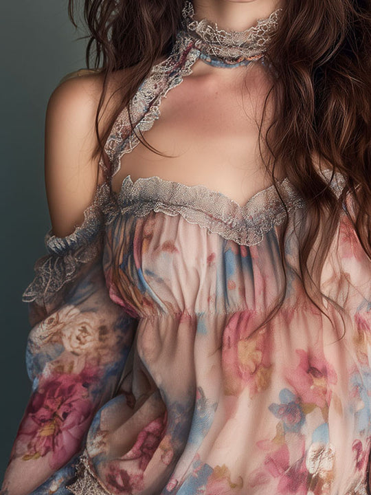 Romantic Off Shoulder Floral Chiffon Blouse With Lace Trim