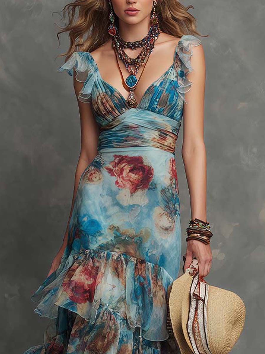 Boho-Vintage Elegant Floral Chiffon Ruffle Maxi Dress