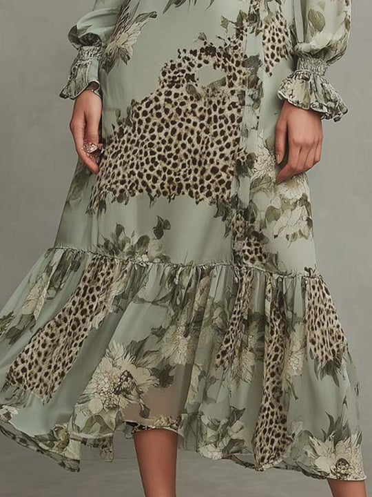 Boho Floral & Leopard Patchwork Ruffle Midi Dress