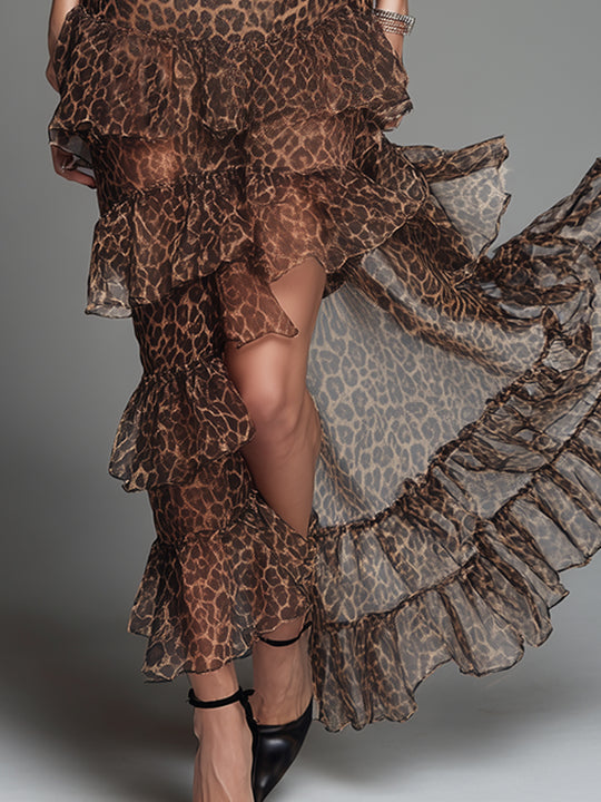 Sexy Leopard Print Multi-layered Ruffled Chiffon Long Skirt