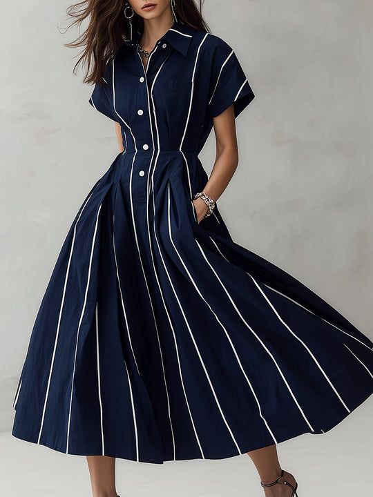 Retro Striped Bat Sleeve Waist Midi Dress
