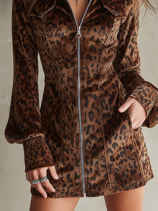 Retro Short Velvet Leopard Print Lantern Sleeve Mini Dress