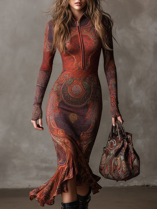 Bohemian Half-zip Ethnic Printed Knitted Fishtail Hem Midi Dress