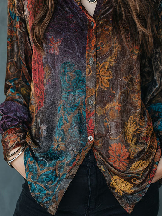 Boho Floral Print Velvet Long Sleeve Button Down Shirt