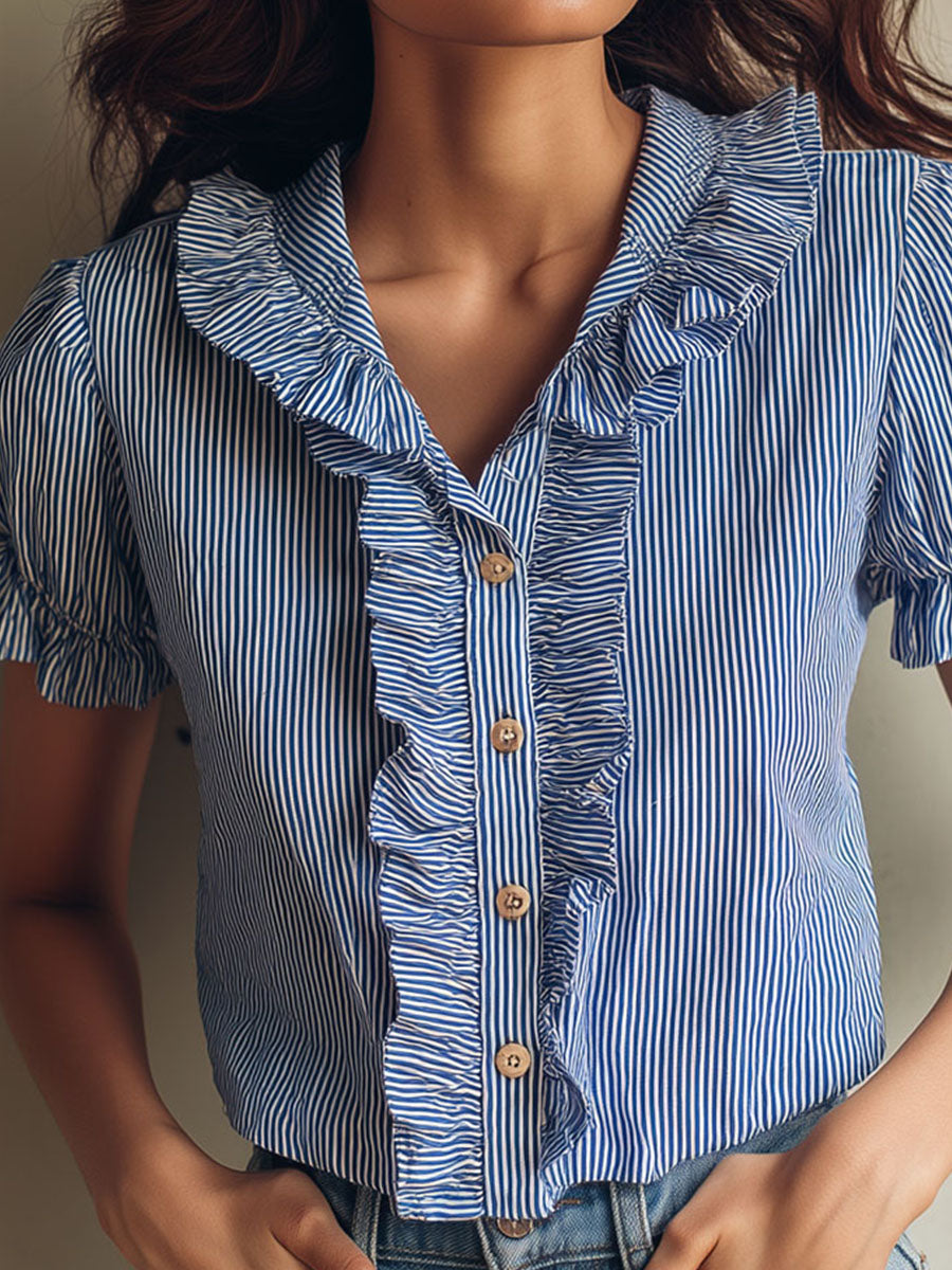 Boho Blue & White Striped Ruffle Button-Up Blouse