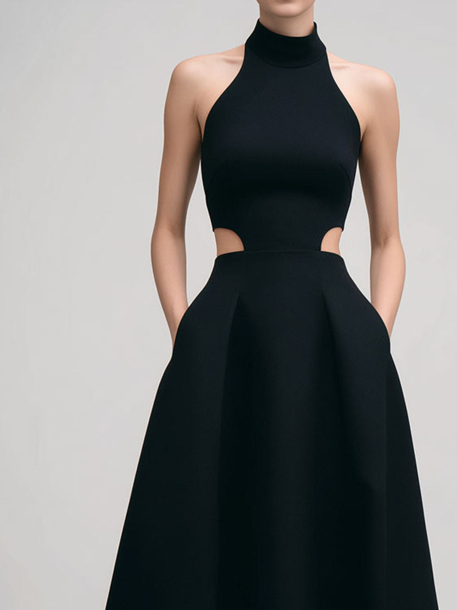 Elegant High-Neck Black Cutout Halter Evening Midi Dress