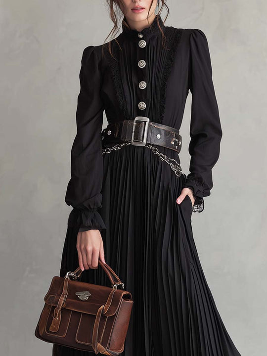 Vintage Button Lace Hem Pleated Midi Dress