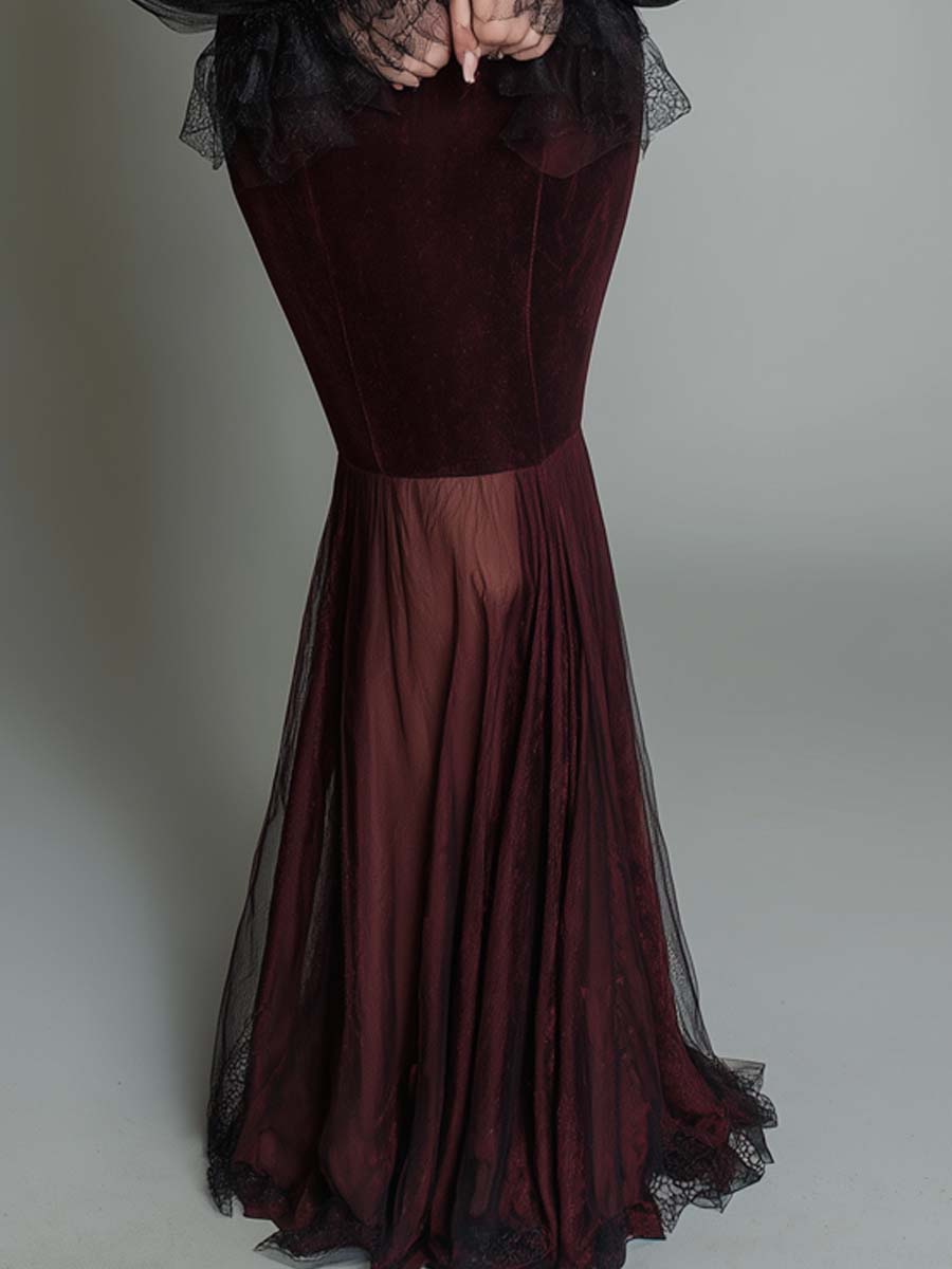 Retro Off-the-shoulder Polyester Velvet Sheer Sleeves Gown Maxi Dress