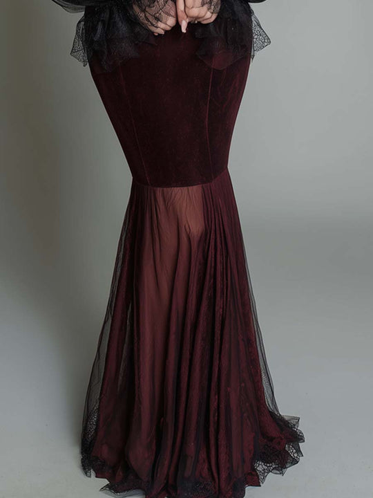 Retro Off-the-shoulder Polyester Velvet Sheer Sleeves Gown Maxi Dress