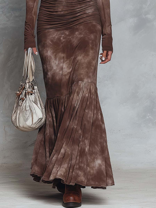 Vintage-style Distressed Zipper Collar Pleated Waist Maxi Dress