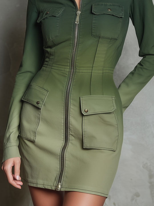 Elegant Denim Gradient Washed Flap Pocket Slim Mini Dress