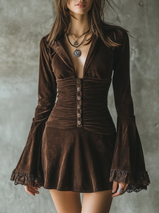 Retro Lace Bell Sleeves Spliced polyester Suede Mini Dress