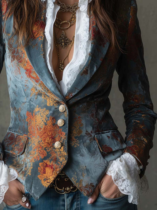 Retro Oil Painting Style Polyester Velvet Printed Double-breasted Blazer