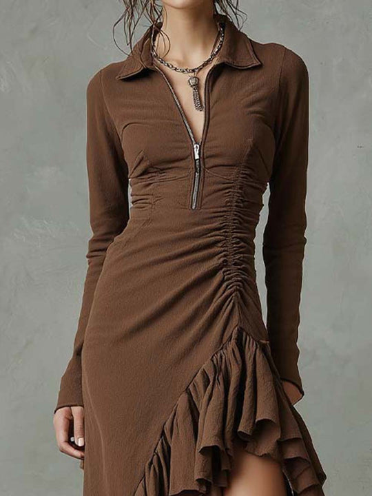 Ruffled High-Low Zip Midi Dress