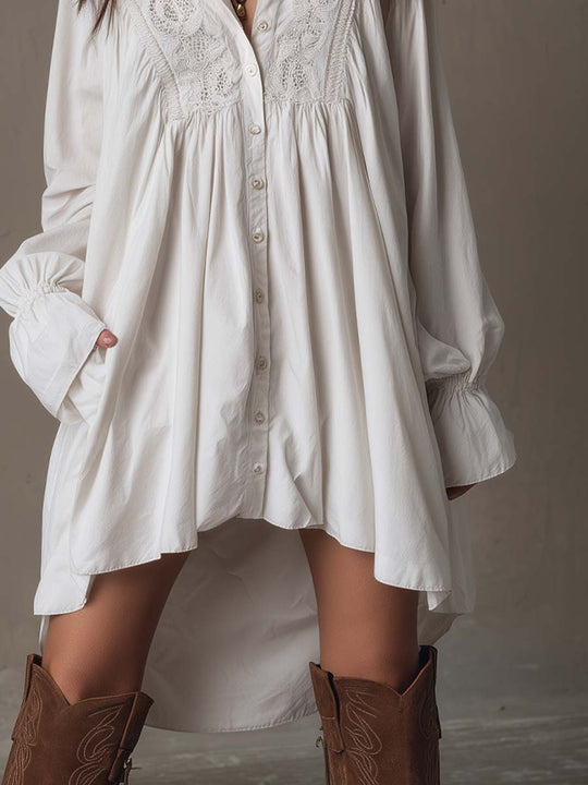 Retro-style Lace Irregular Hem Long-sleeved Mini Dress