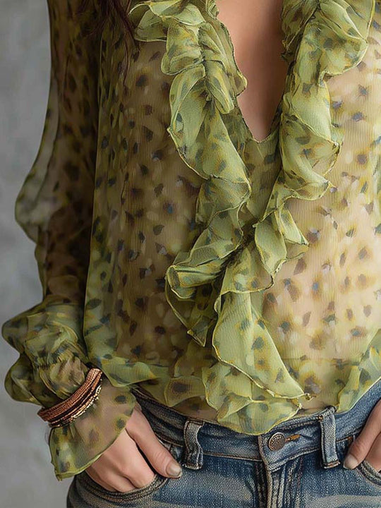 Sheer Lime Green Floral Ruffle Plunge Blouse