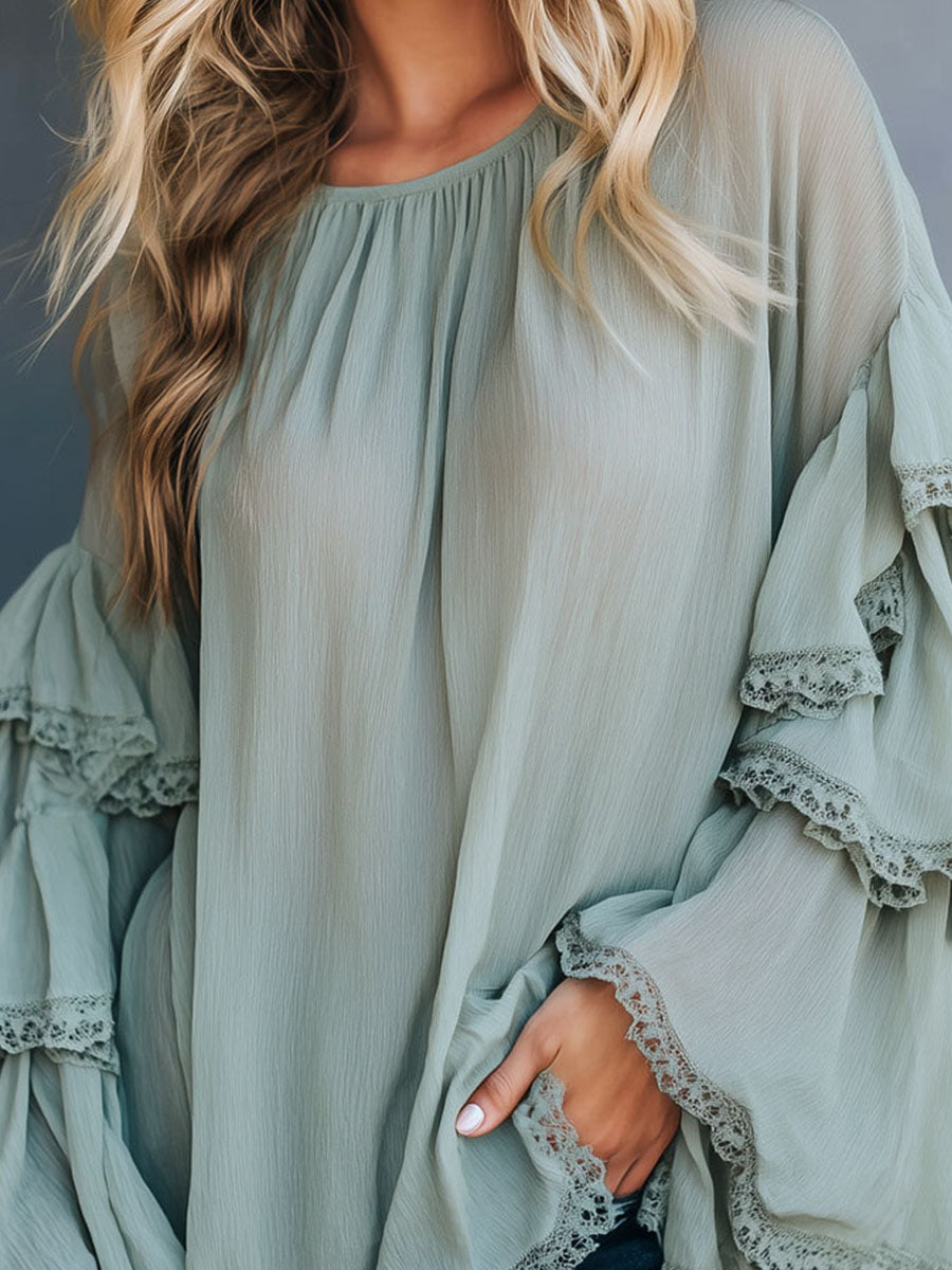 Boho Sage Green Crinkle Chiffon Tunic Top With Lace Ruffle Bell Sleeves