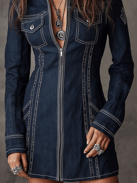 Boho Western Indigo Denim Zip Mini Dress