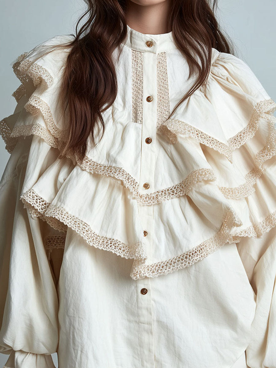 Victorian Ivory Ruffled Lace-Trim Blouse & Shorts Two-Piece Set