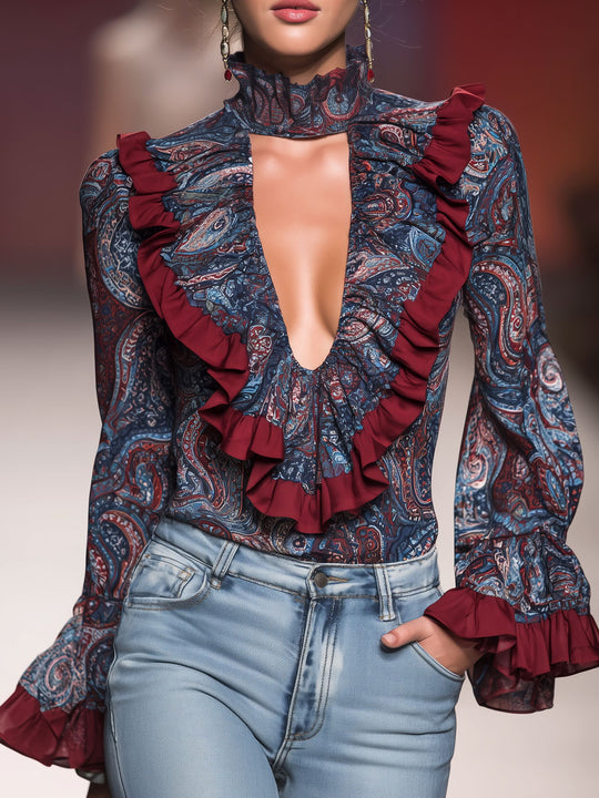 Romantic Boh Deep V-Neck Paisley Ruffled Chiffon Blouse