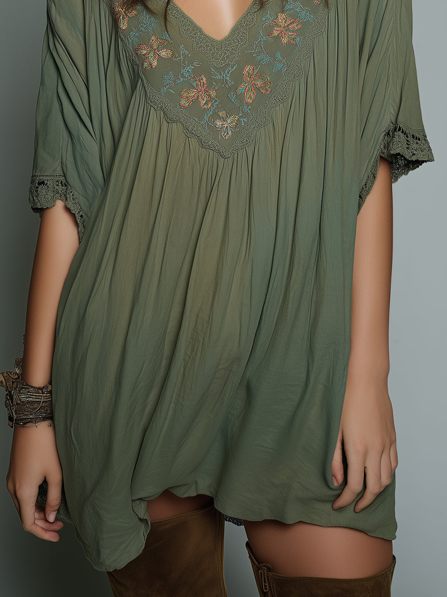 Retro Lace Flower Embroidered Loose Mini Dress
