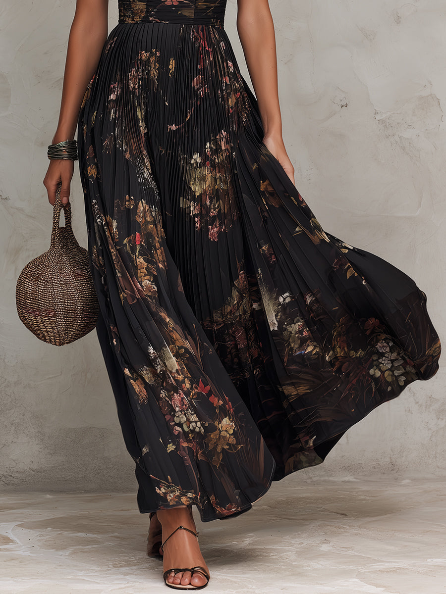 Retro Floral Print Pleated Keyhole Collar Maxi Dress