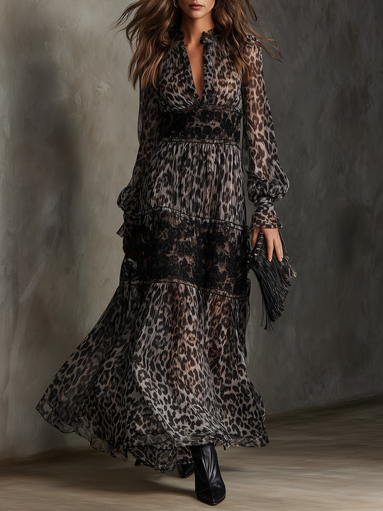 Bohemian Leopard Print Lace Chiffon Patchwork Pleated Maxi Dress