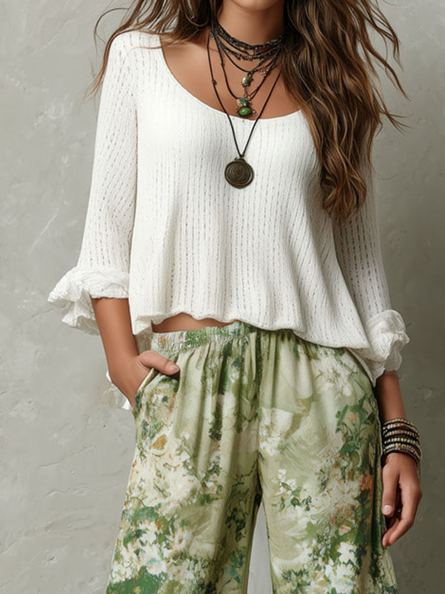 Boho Ivory Knit Top And Floral Wide-Leg Pants Set
