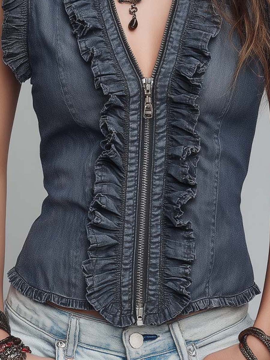 Vintage Blue Ruffle-Trim Pure-Cotton Denim Zip Top