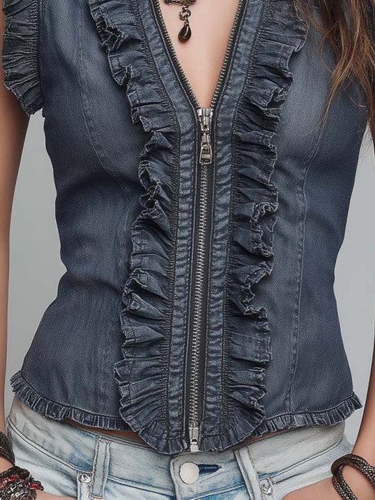 Vintage Blue Ruffle-Trim Pure-Cotton Denim Zip Top