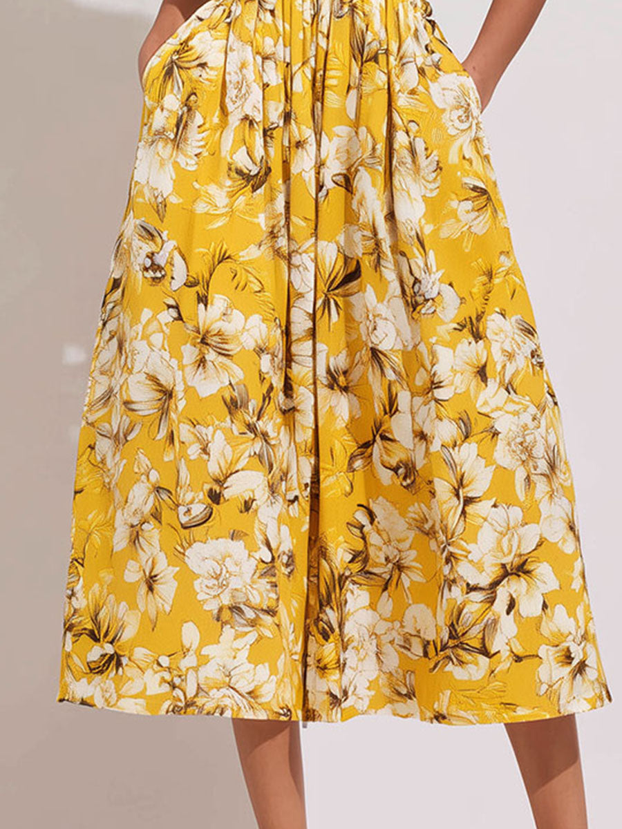 Boho Halter Yellow Botanical Print A Line Cutout Midi Dress With Pockets